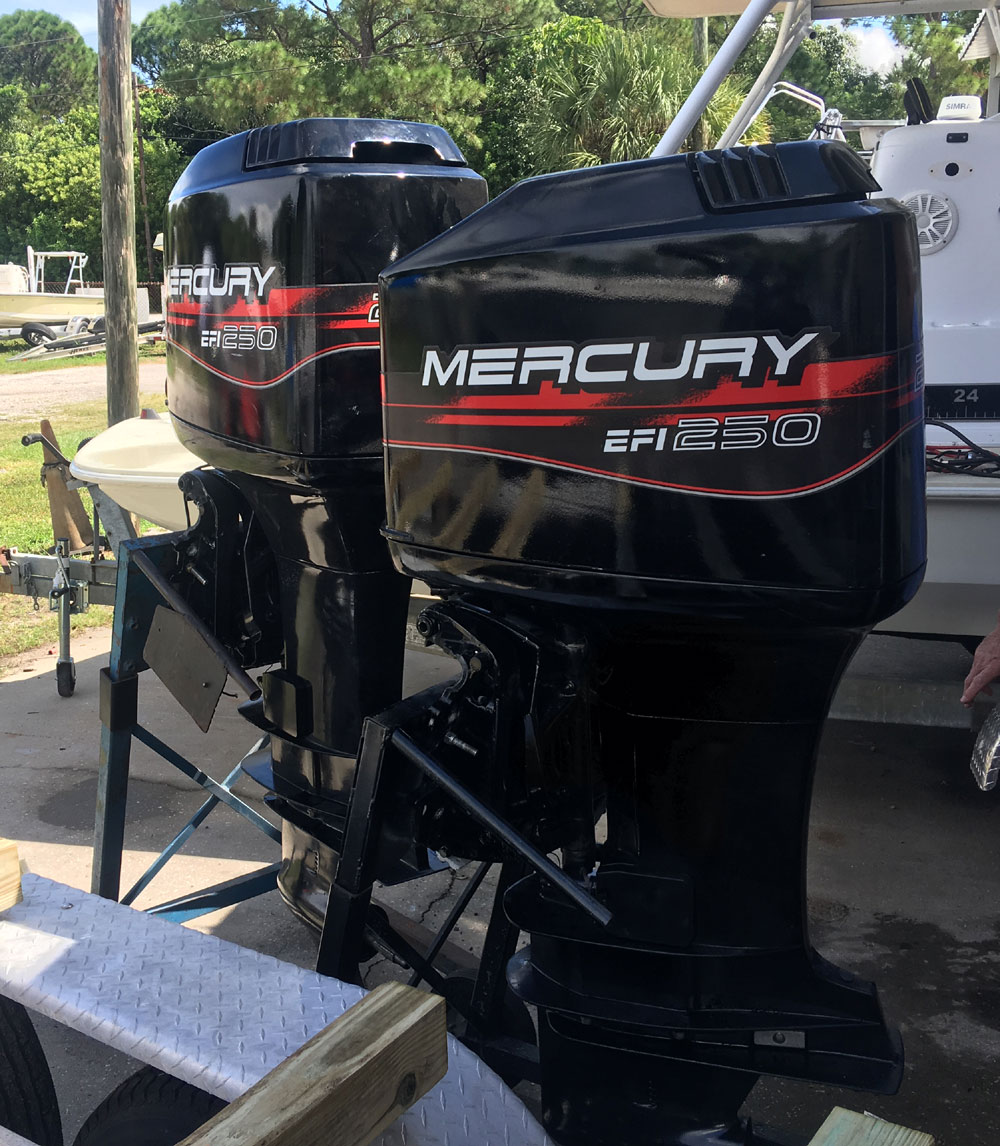 Twin 225 hp Mercury Optimax Outboards.